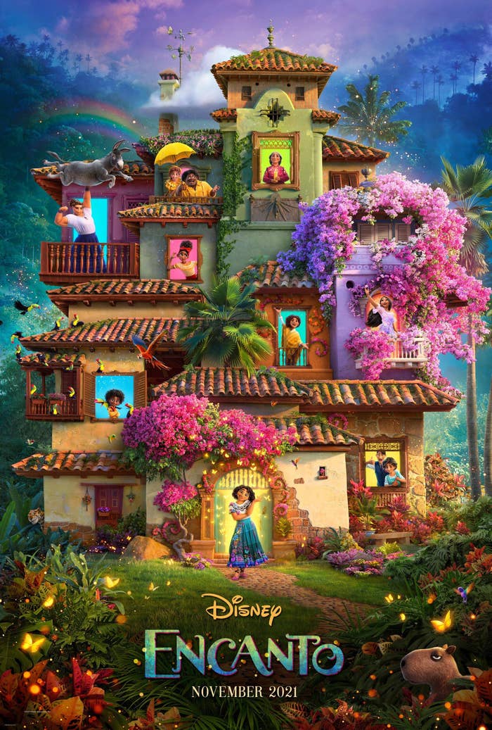 A poster for Encanto showing the Madrigal family&#x27;s enchanted house