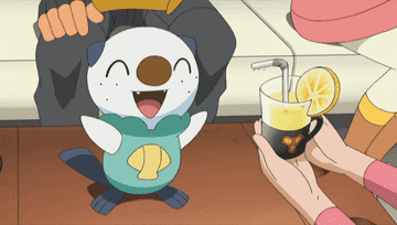 Oshawott happily taking a lemonade and drinking it through a straw