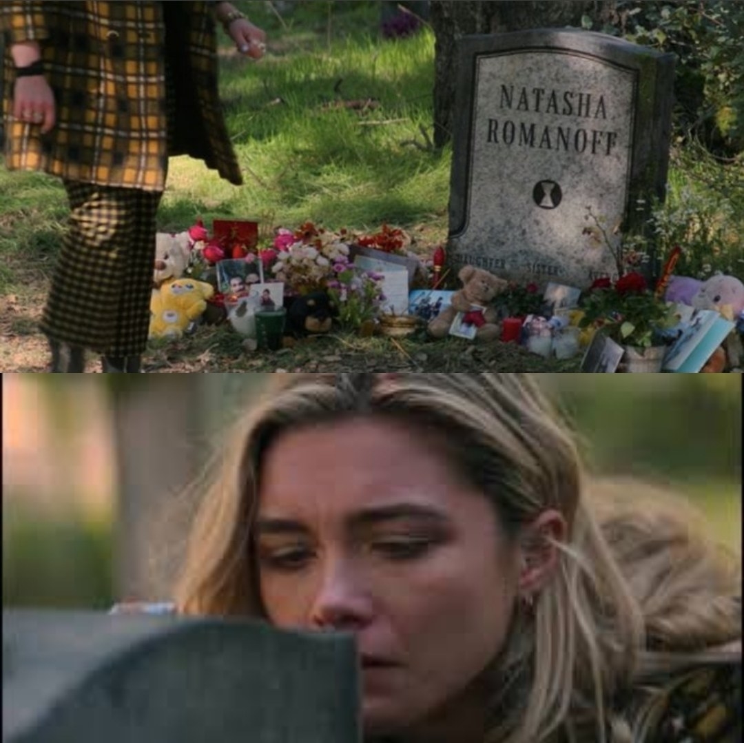 On the top, Natasha&#x27;s tombstone with flowers, cards and stuffed animals all around it, and on the bottom Yelena looking at the tombstone