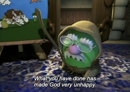 Screenshot from &quot;Veggie Tales&quot; of a veggie character saying, &quot;What you have done has made God very unhappy.&quot;