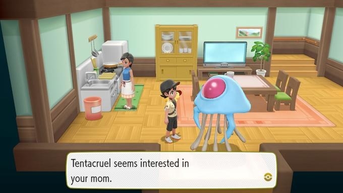 Screenshot from a "Pokemon" game of Tentacruel in someone's house, with the caption "Tentacruel seems interested in your mom."