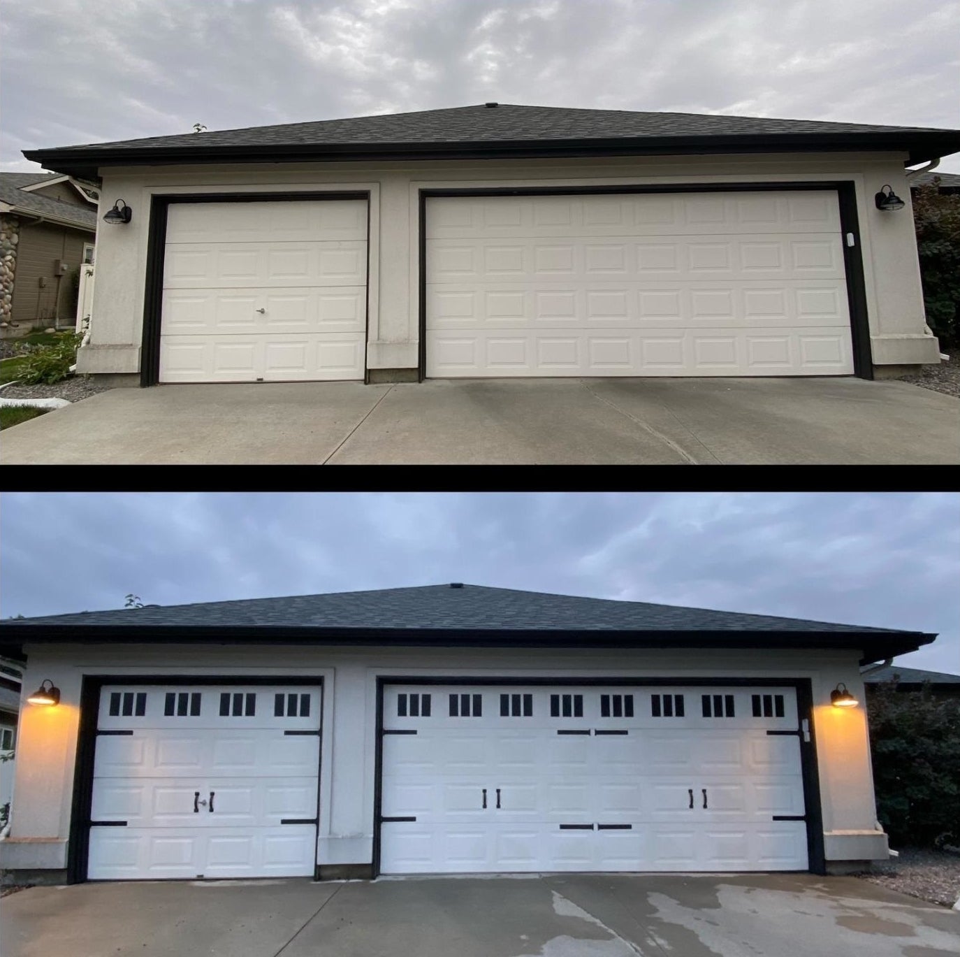 before/after of reviewer&#x27;s garage with the magnets added to make it look like a new garage door