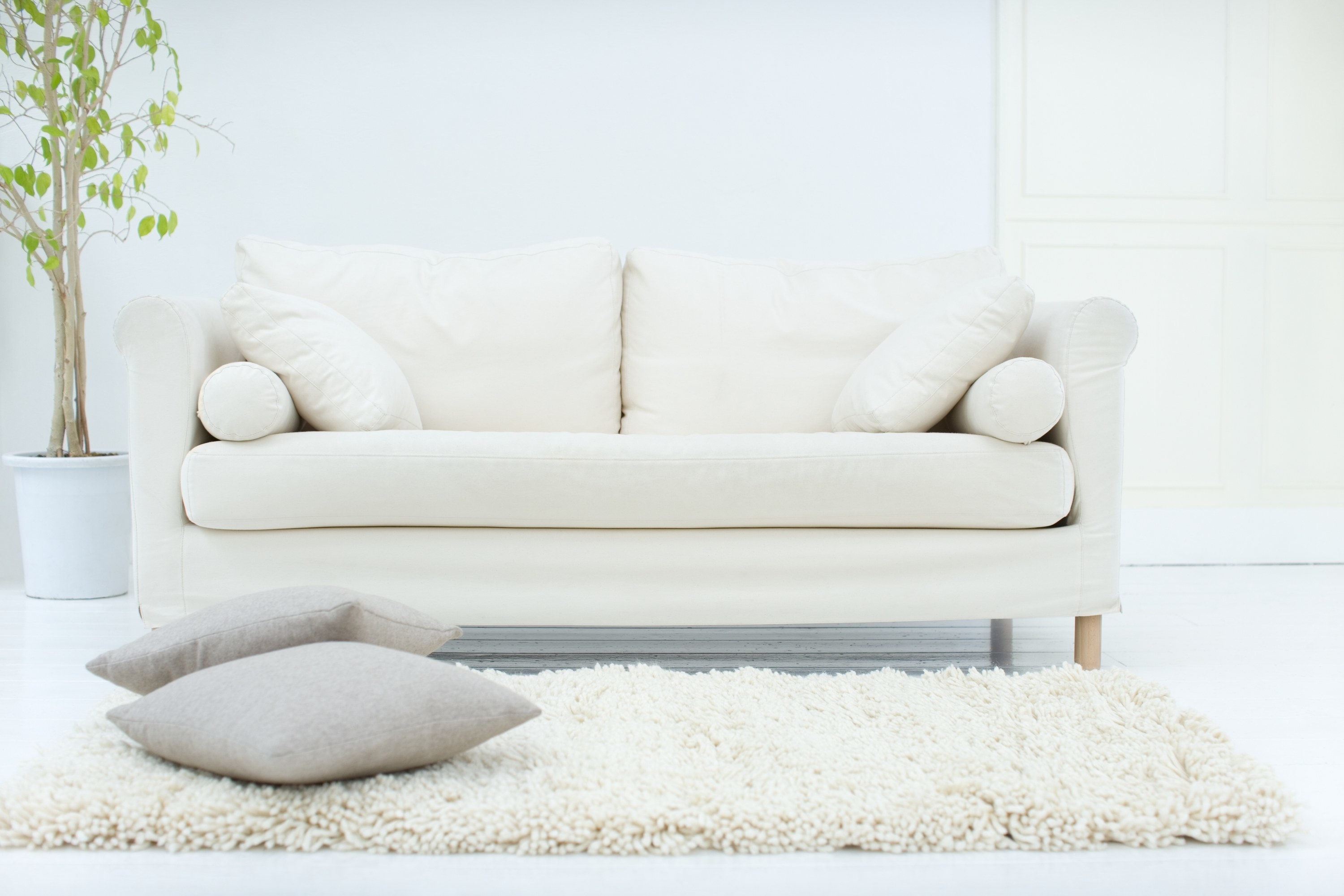 A white couch, set on a white rug with white walls and flooring