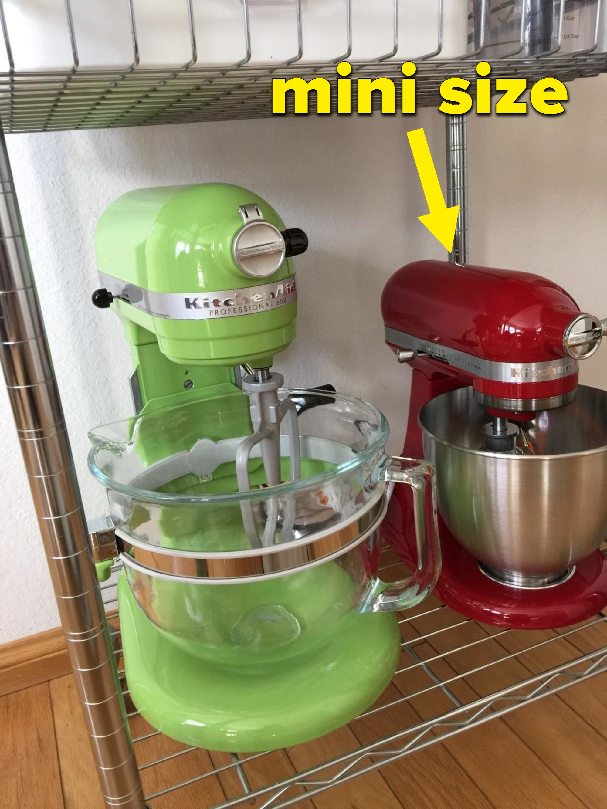A reviewer&#x27;s red mini kitchenaid compared to the full size