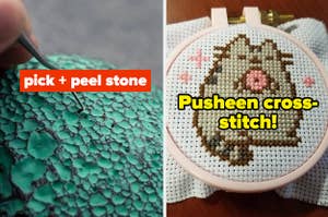 L: closeup of a pick and peel stone showing a hook tool removing teal paint from the rock's crevices R: reviewer's mini Pusheen cross-stitch