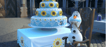 Olaf getting caught eating from a birthday cake.