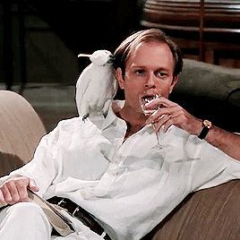 Niles casually has a sip of white wine while a cockatoo or a similar bird rests on his shoulder