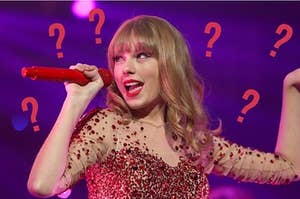Taylor Swift performing Red, surrounded by red question marks