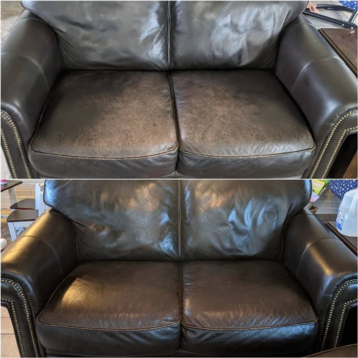 reviewer before and after images of a dingy black leather couch becoming smooth and scratchless