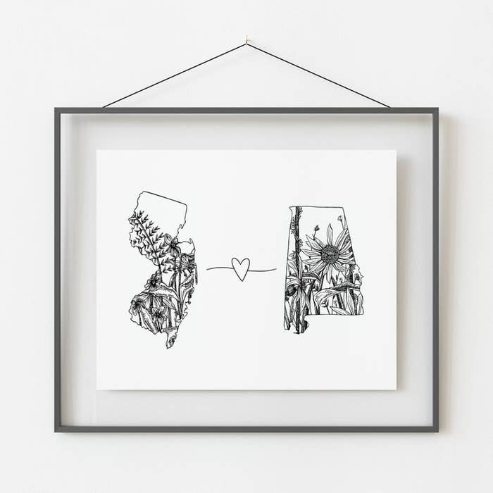 Illustration print depicting New Jersey and Alabama with a heart between them
