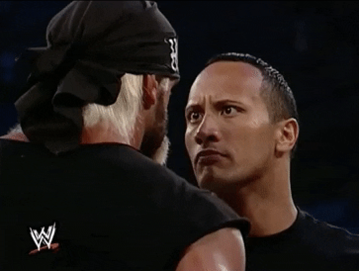 Dwayne &quot;The Rock&quot; Johnson makes direct eye contact with another person.