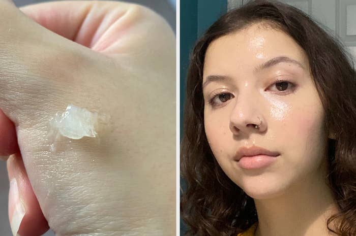 Left: A small amount of Vaseline on the back of a hand Right: BuzzFeed Staffer Maya Ogolini wearing a light layer of Vaseline over her face