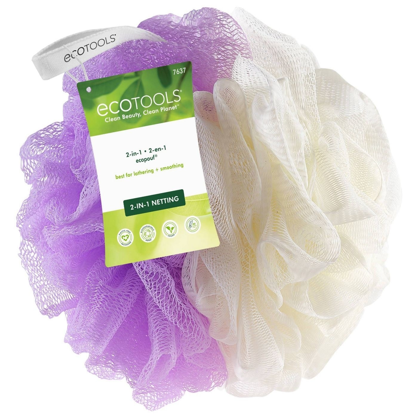 An image of a purple and cream shower pouf