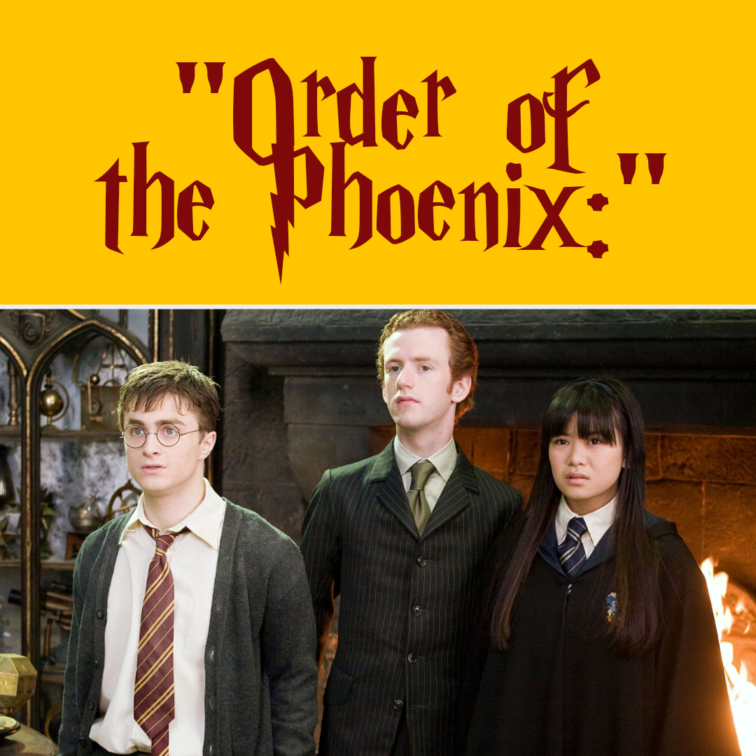 Daniel Radcliffe, Chris Rankin, and Katie Leung standing beside each other in front of a fireplace