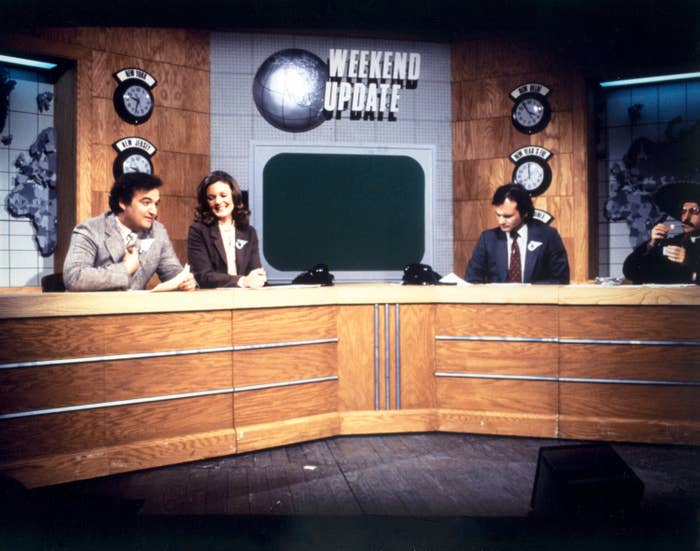 (L-R) John Belushi, Jane Curtin and Bill Murray on