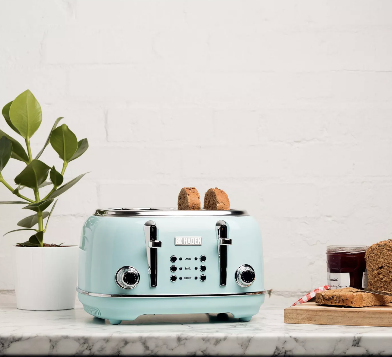the blue toaster on kitchen counter