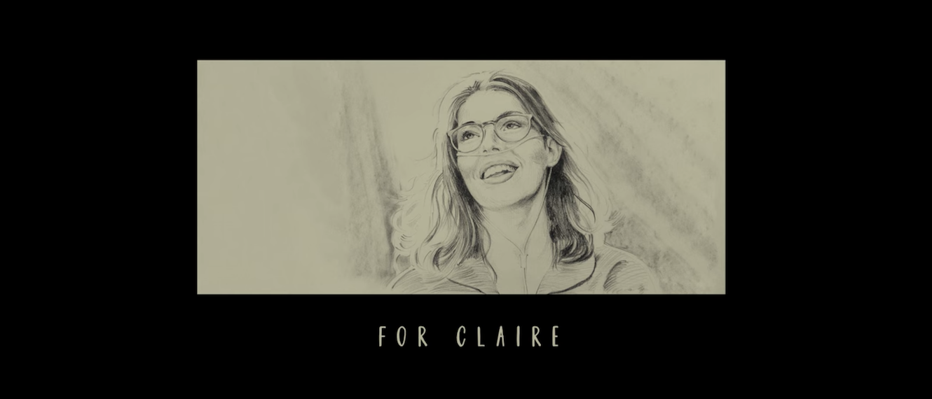 A drawing of Claire laughing, with dedication &quot;For Claire&quot;