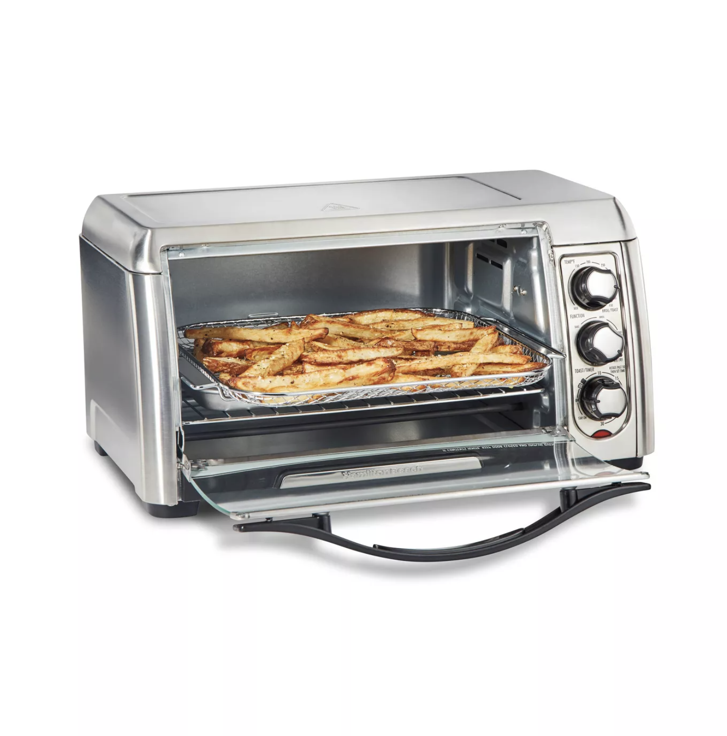 the air fryer toaster oven with french fries in it