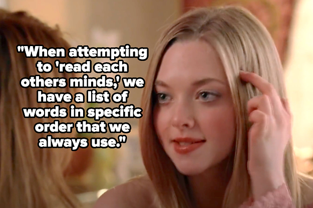 Karen tapping her head in mean girls with the caption "When attempting to 'read each others minds,' we have a list of words in specific order that we always use"