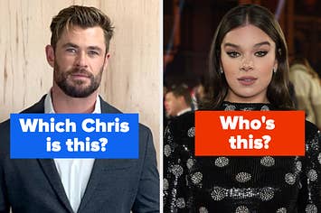 Chris Hemsworth is labeled, "Which Chris is this?" with Hailee Steinfeld labeled, "Who's this?"
