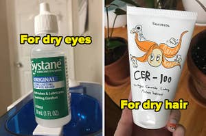 L: a reviewer photo of a bottle of eye drops and text reading "for dry eyes", R: a reviewer photo of a hand holding a bottle of collagen hair mask and text reading "for dry hair"