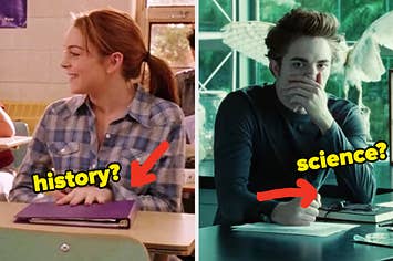 On the left, Cady from Mean Girls sitting at a desk with an arrow pointing to her binder and history typed next to it, and on the right, Edward from Twilight sitting at a desk with an arrow pointing to his notebook and science typed next to it