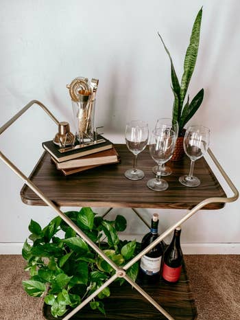 a reviewer's bar cart with bottles and plants