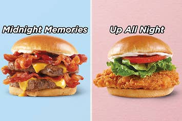 On the left, a Baconator from Wendy's labeled Midnight Memories, and on the right, a spicy chicken sandwich from Wendy's labeled Up All Night