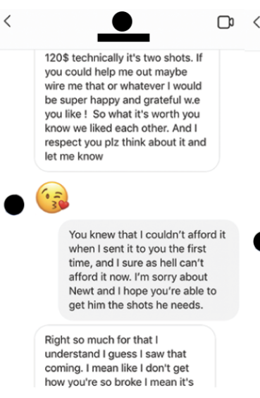 Message screenshot in which person says they can&#x27;t afford to pay for the treatment, which is two shots