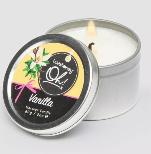 A vanilla massage candle