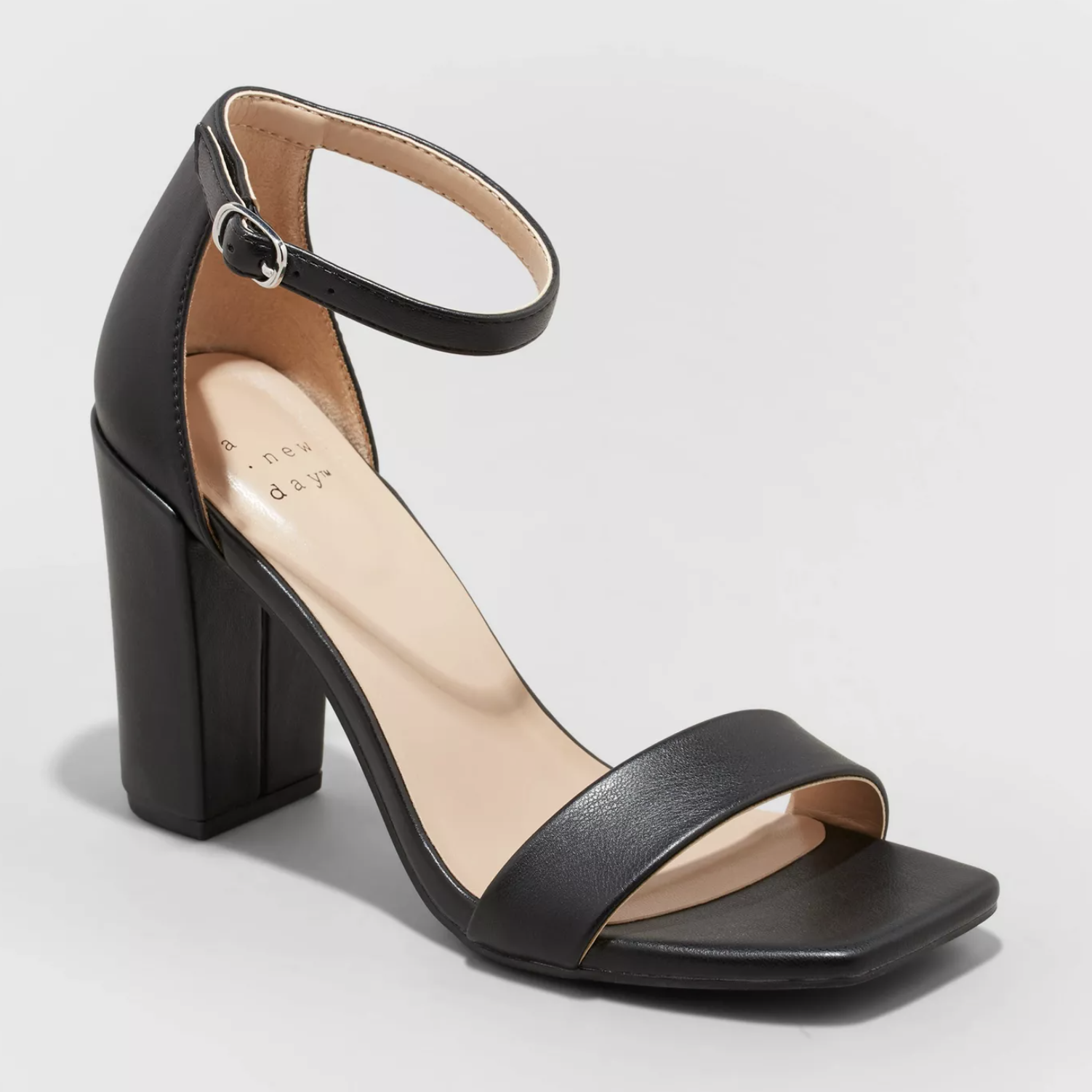 The black heels with a square toe and block heel