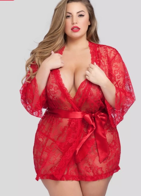 A model wearing a red lace robe