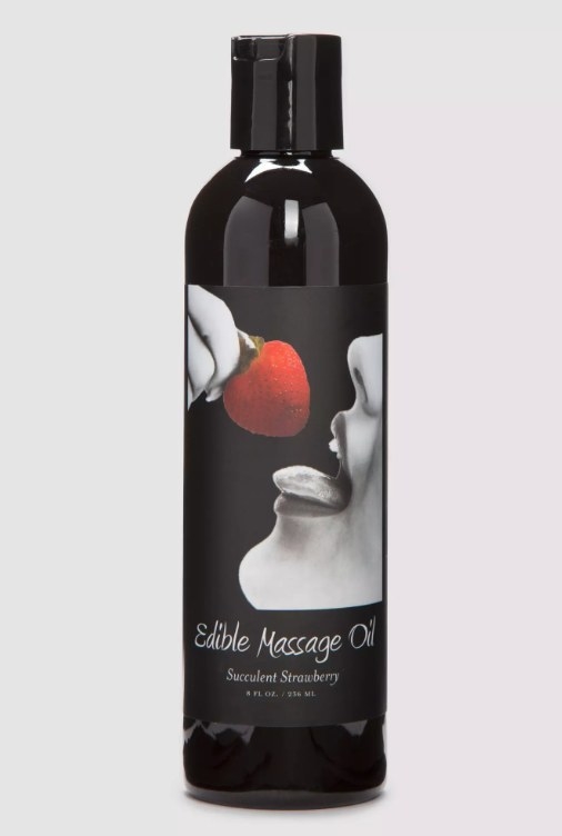 A bottle of strawberry edible massage oil