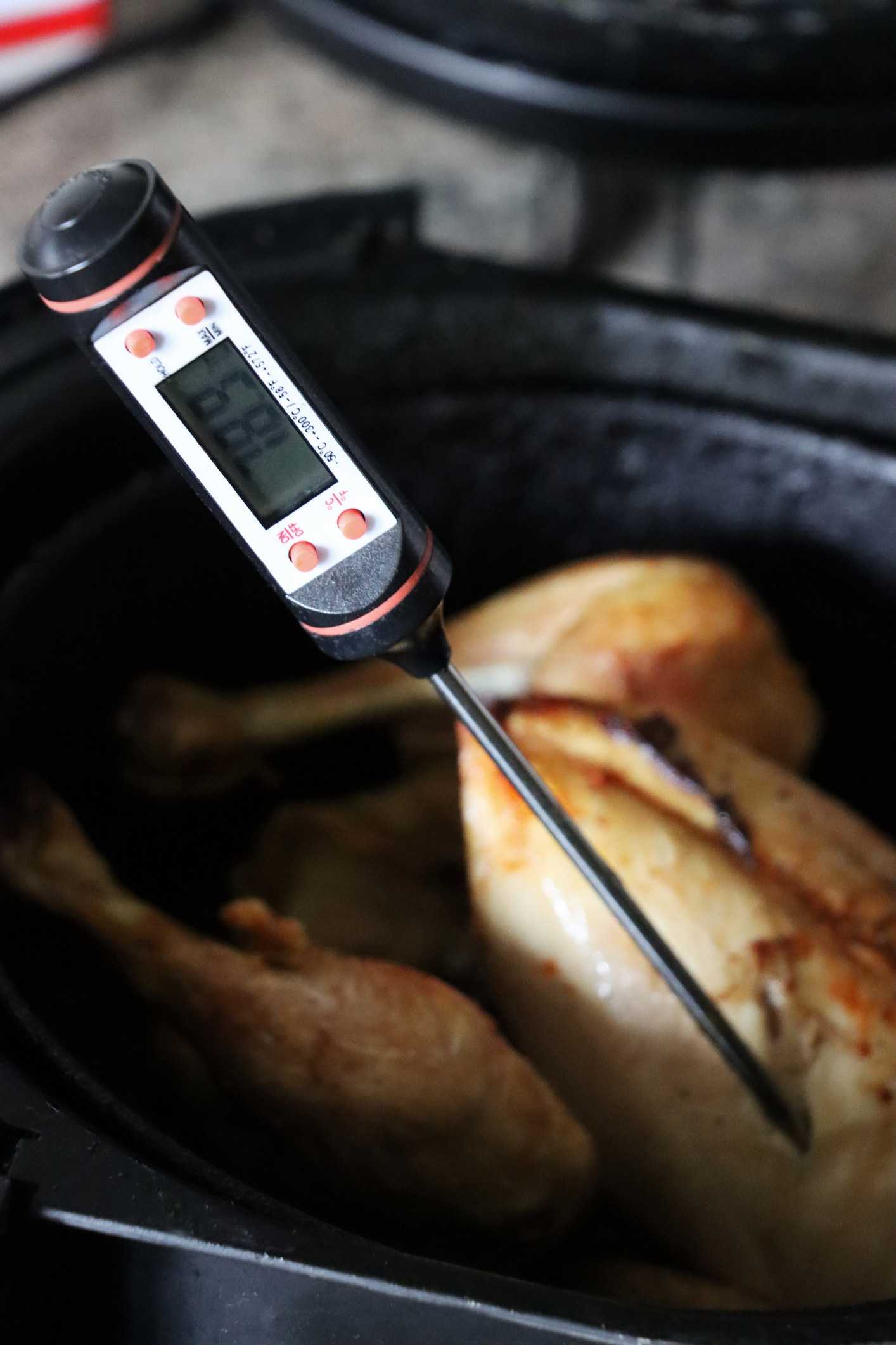 A meat thermometer in a chicken.