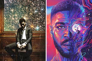 album cover for man on the moon 2 on the left (kid cudi in a suit, sitting on a wooden bench) and on the right is a drawing of kid cudi where half his face is  a skull