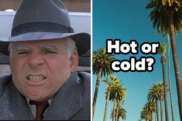Steve Martin is on the left freezing and labeled "Hot or cold?" on the right