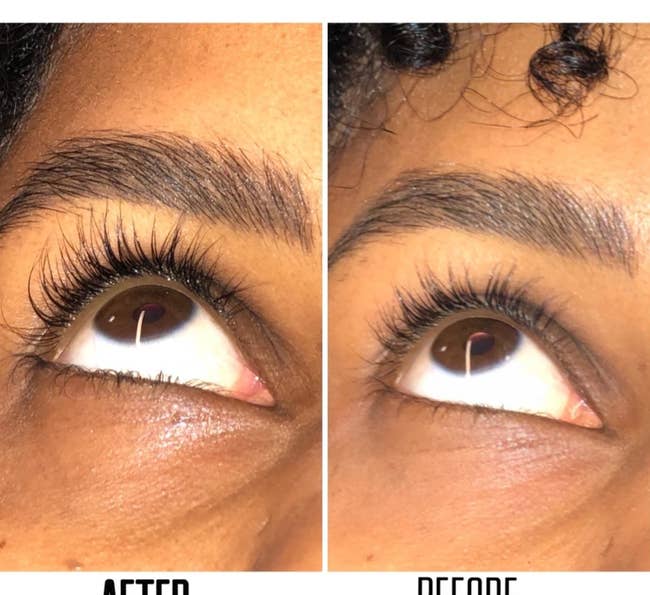 A before/after of a reviewer's lashes, looking much fuller and longer after