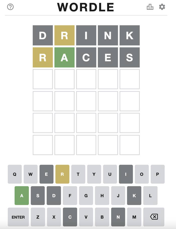 The game with features 6 rows of five boxes on top and a keyboard below