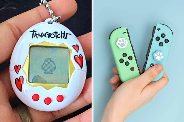 to the left: a tamagotchi, to the right: joy sticks with paw print shaped pads