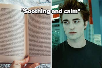 on the left, a close-up of a book. on the right, edward cullen in the twilight movies