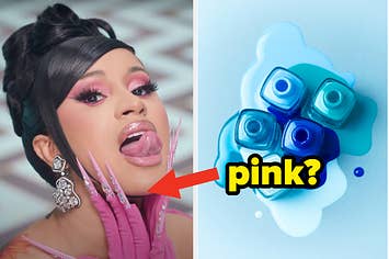 on the left, cardi b wearing long pink nails. on the right, blue nail polish bottles