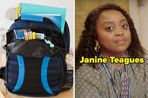 On the left, an open backpack filled with notebooks, pens and pencils, and a calculator, and on the right, Quinta Brunson as Janine on Abbott Elementary