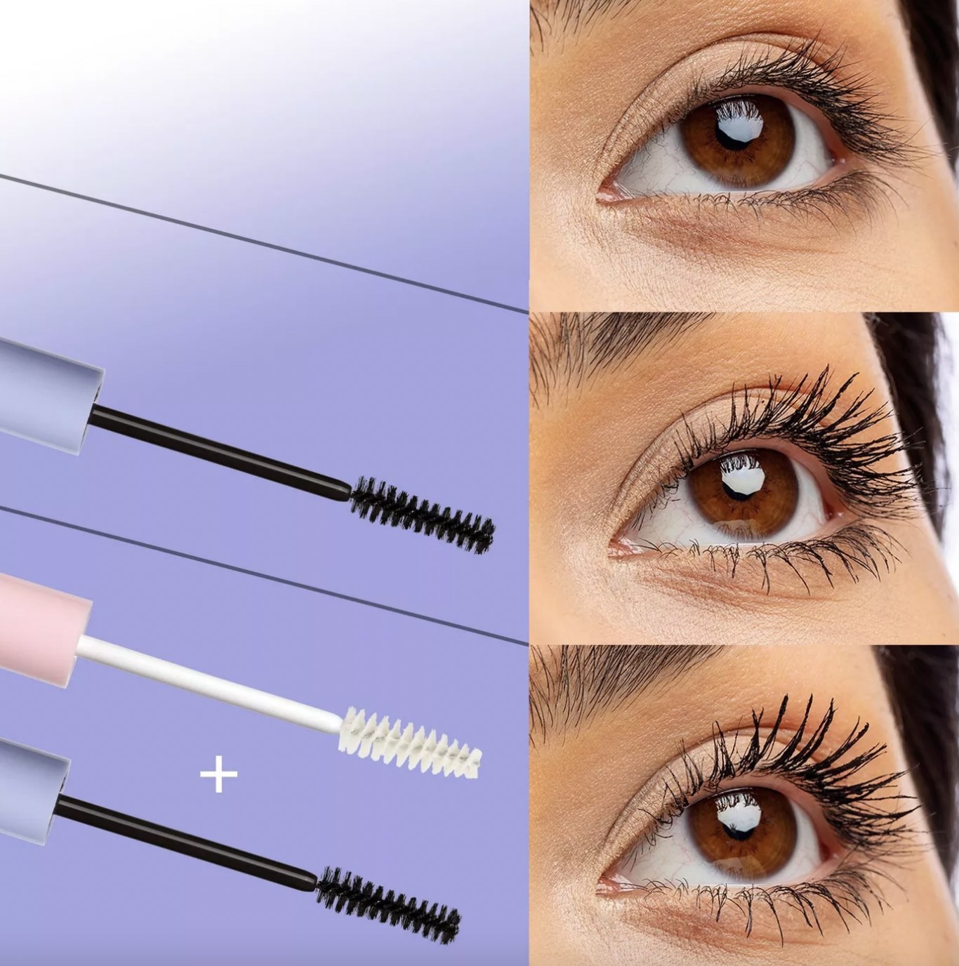 A trio of images that shows eyelashes before and after using a primer and mascara