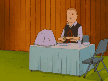 Bobby Hill rolling out a sign that says &quot;thanks for nothing&quot;