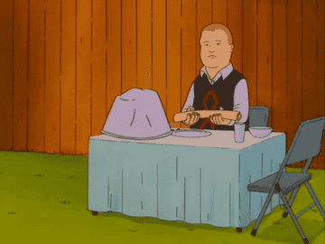 Bobby Hill rolling out a sign that says