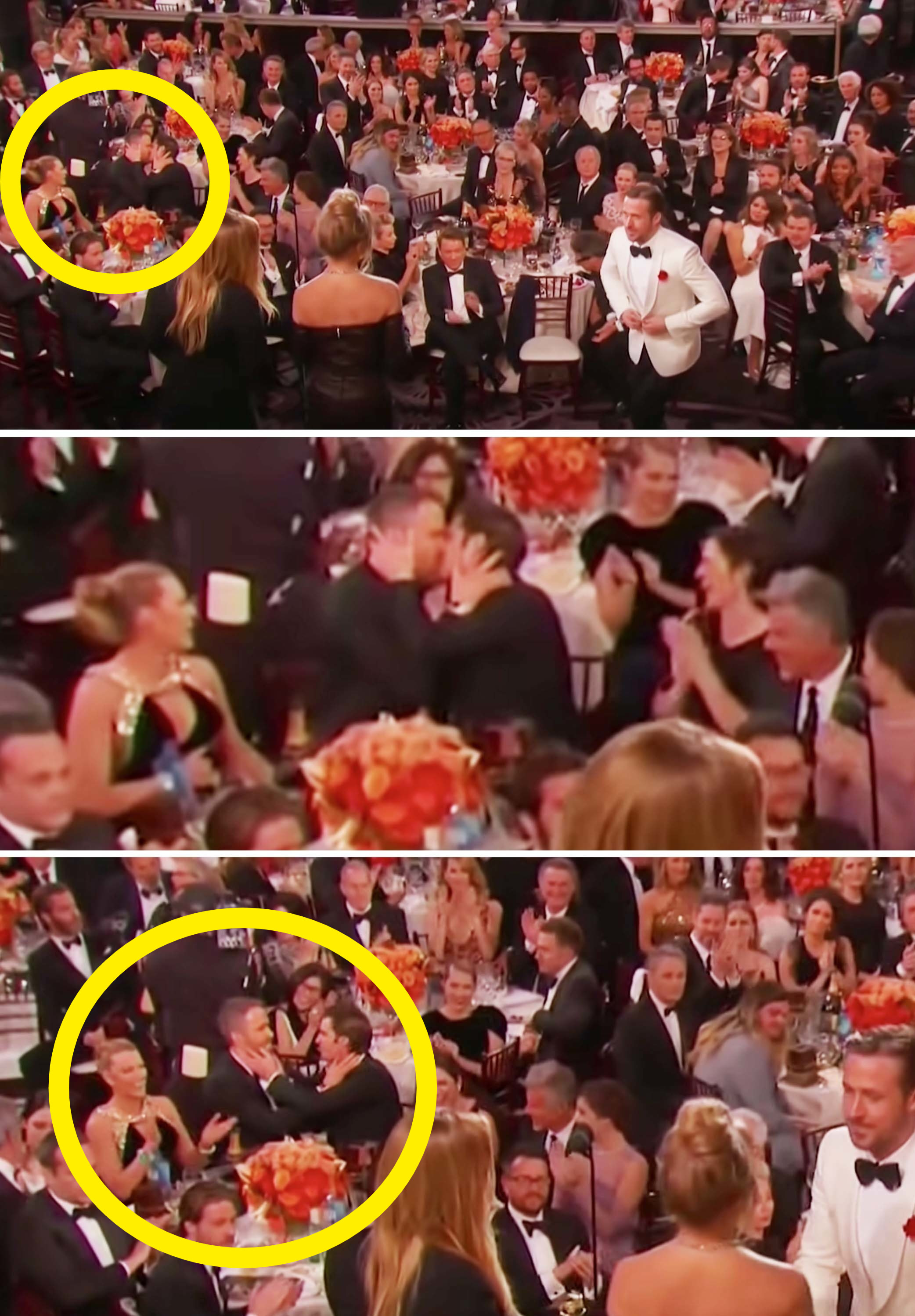 Andrew and Ryan kissing at a table at the Golden Globes