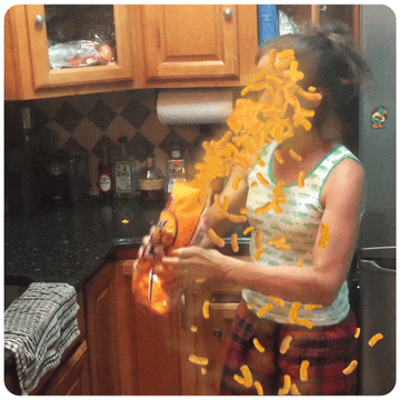Bag of Cheetos comically exploding in someone's face