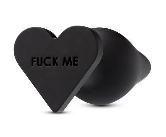 Black anal plug with heart-shaped base and words 