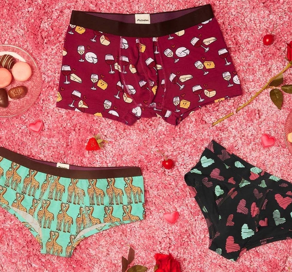 three pairs of different-styled underwear with different valentine&#x27;s themed prints