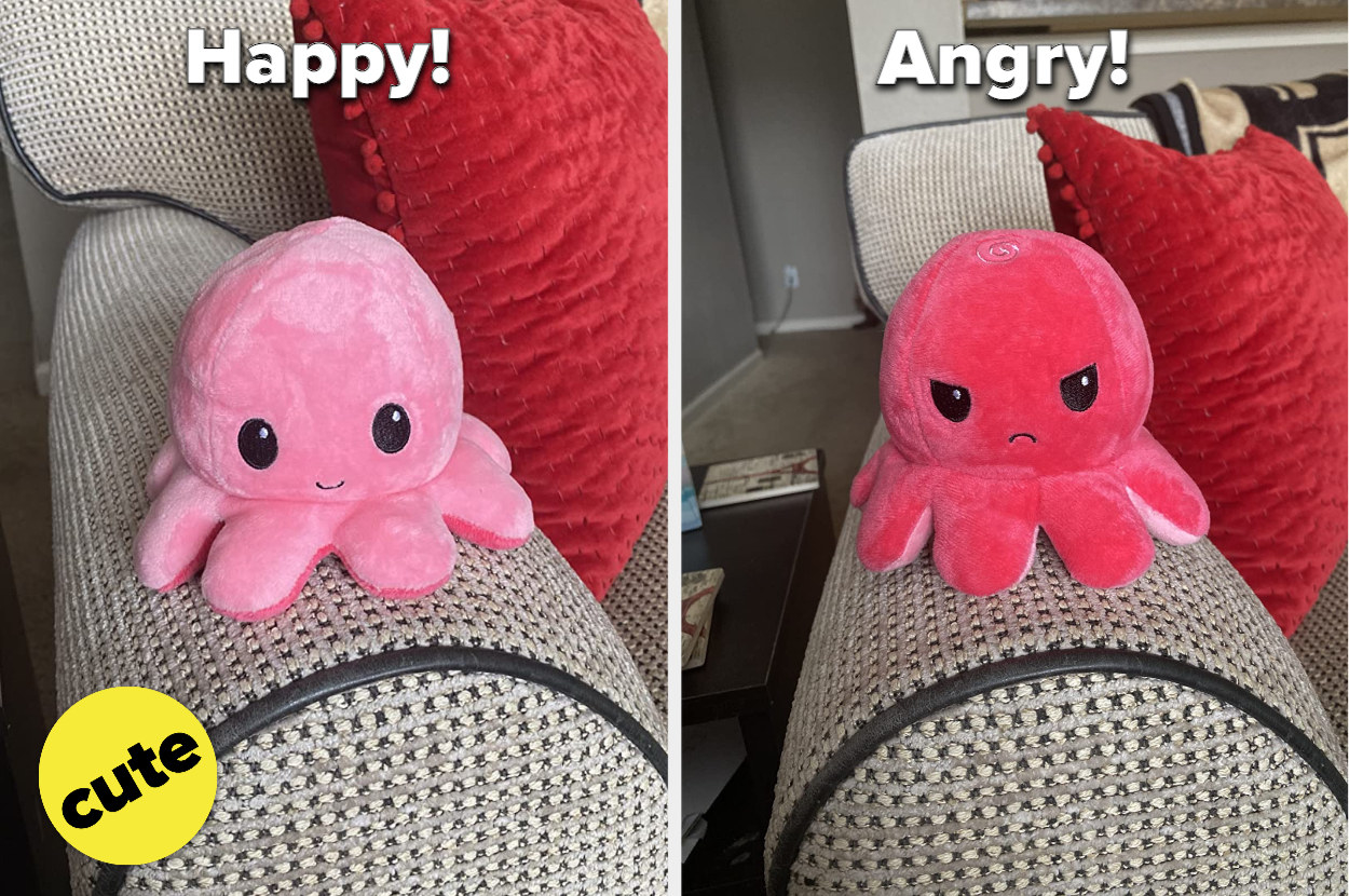 Reviewer side-by-side of the plushie being happy and angry
